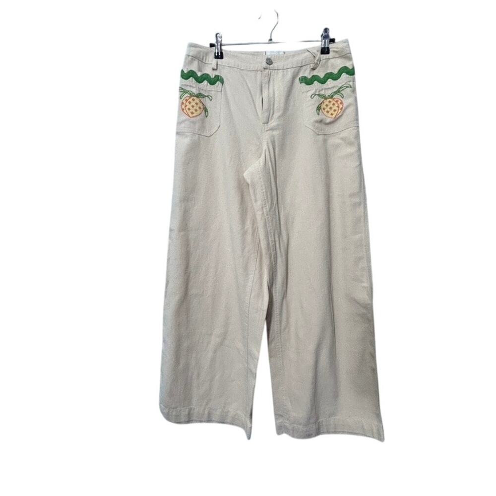 NEW UO Strawberry Print Embroidered Cream Joey Wide Leg Oversized Pant Sz 2 - Picture 4 of 12